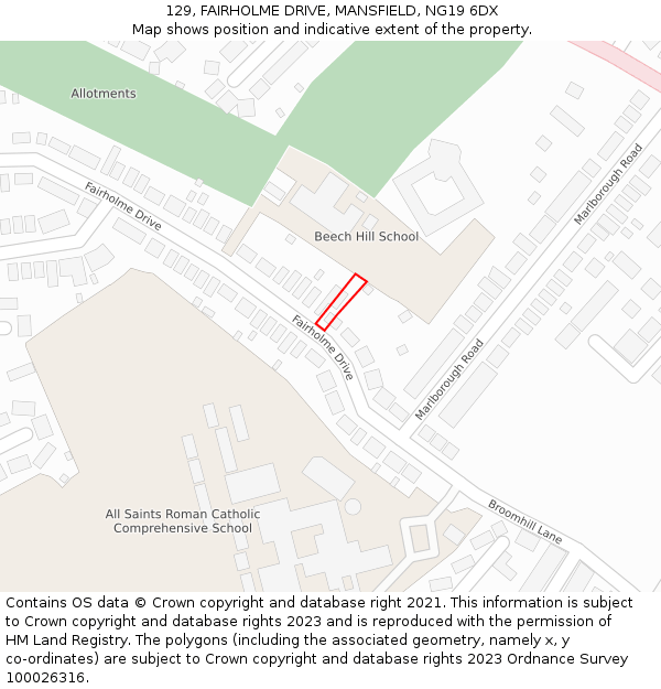129, FAIRHOLME DRIVE, MANSFIELD, NG19 6DX: Location map and indicative extent of plot