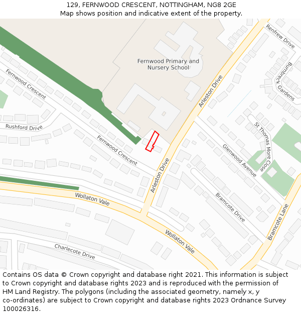 129, FERNWOOD CRESCENT, NOTTINGHAM, NG8 2GE: Location map and indicative extent of plot