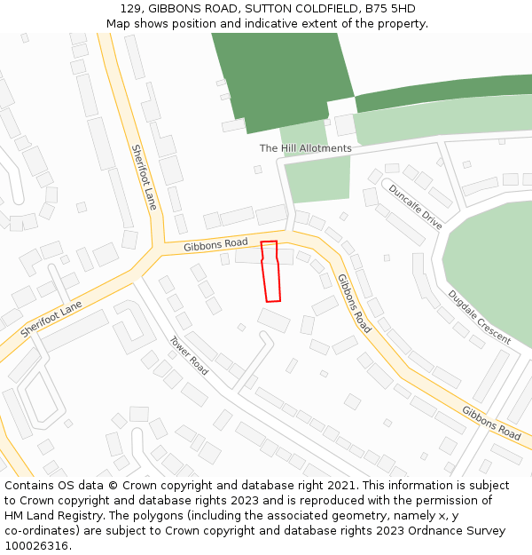 129, GIBBONS ROAD, SUTTON COLDFIELD, B75 5HD: Location map and indicative extent of plot