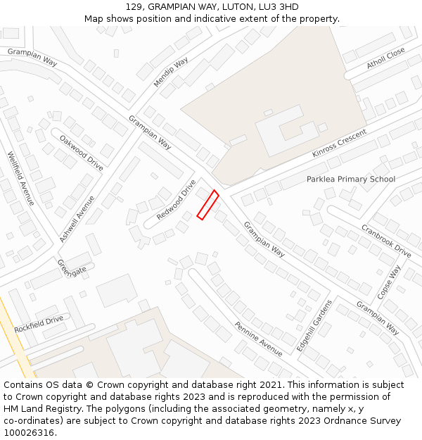129, GRAMPIAN WAY, LUTON, LU3 3HD: Location map and indicative extent of plot