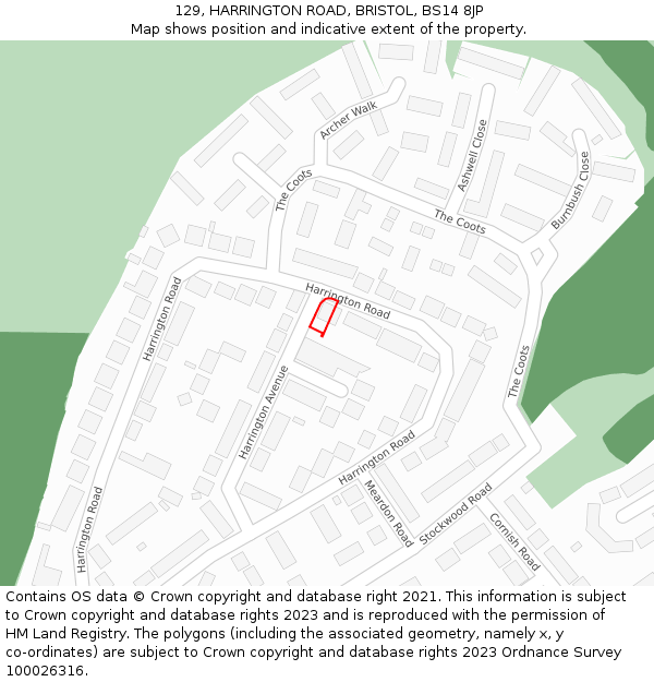 129, HARRINGTON ROAD, BRISTOL, BS14 8JP: Location map and indicative extent of plot