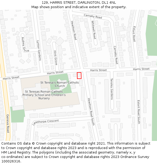 129, HARRIS STREET, DARLINGTON, DL1 4NL: Location map and indicative extent of plot