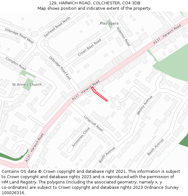 129, HARWICH ROAD, COLCHESTER, CO4 3DB: Location map and indicative extent of plot