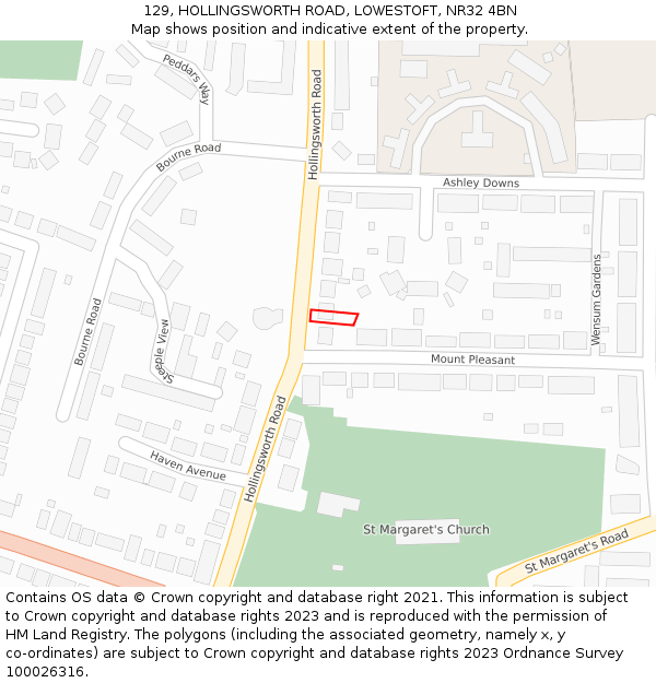 129, HOLLINGSWORTH ROAD, LOWESTOFT, NR32 4BN: Location map and indicative extent of plot