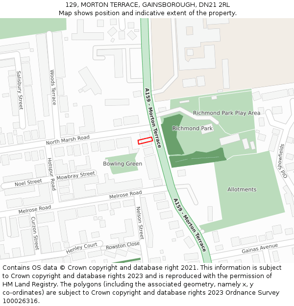 129, MORTON TERRACE, GAINSBOROUGH, DN21 2RL: Location map and indicative extent of plot