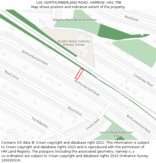 129, NORTHUMBERLAND ROAD, HARROW, HA2 7RB: Location map and indicative extent of plot
