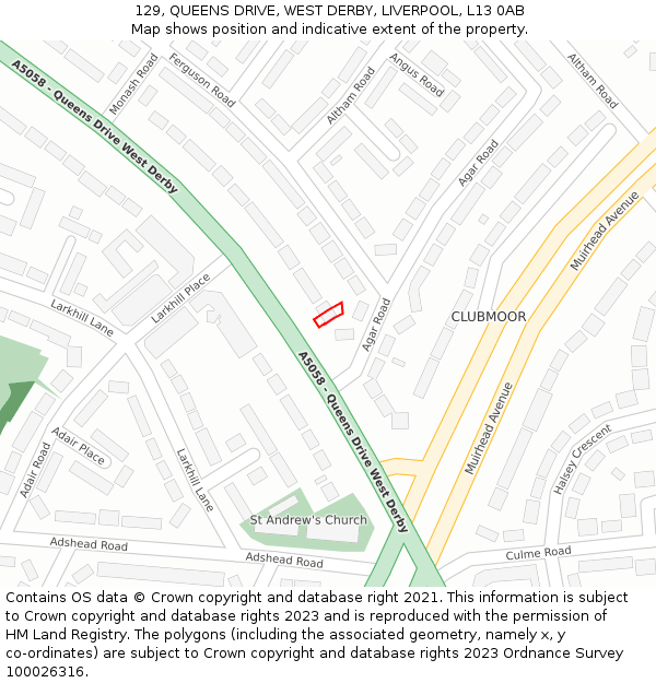 129, QUEENS DRIVE, WEST DERBY, LIVERPOOL, L13 0AB: Location map and indicative extent of plot