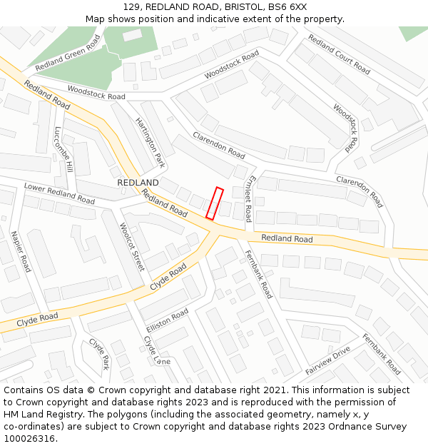 129, REDLAND ROAD, BRISTOL, BS6 6XX: Location map and indicative extent of plot