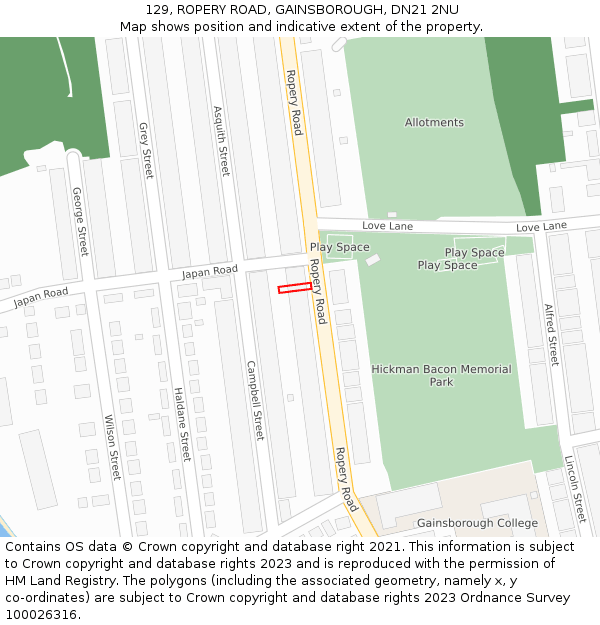 129, ROPERY ROAD, GAINSBOROUGH, DN21 2NU: Location map and indicative extent of plot