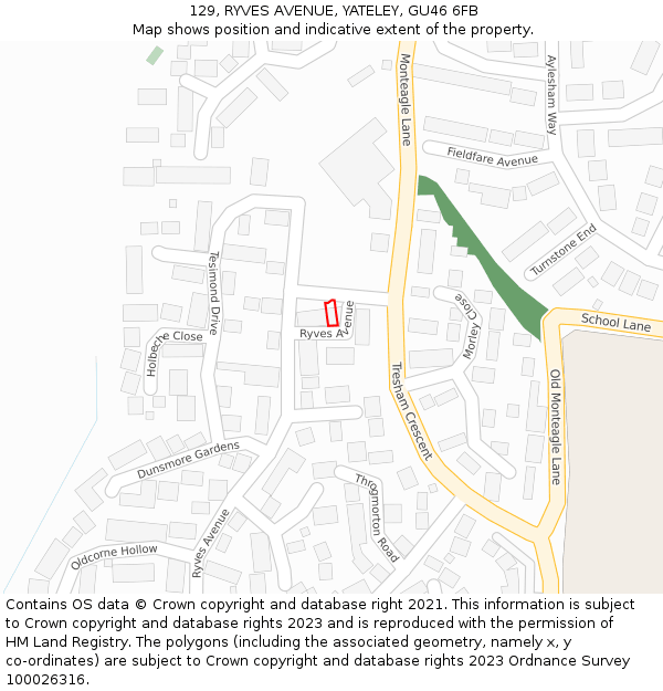 129, RYVES AVENUE, YATELEY, GU46 6FB: Location map and indicative extent of plot