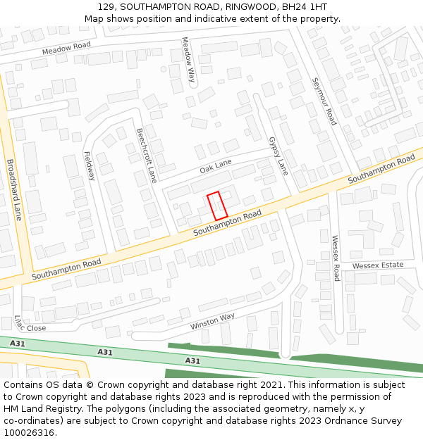 129, SOUTHAMPTON ROAD, RINGWOOD, BH24 1HT: Location map and indicative extent of plot