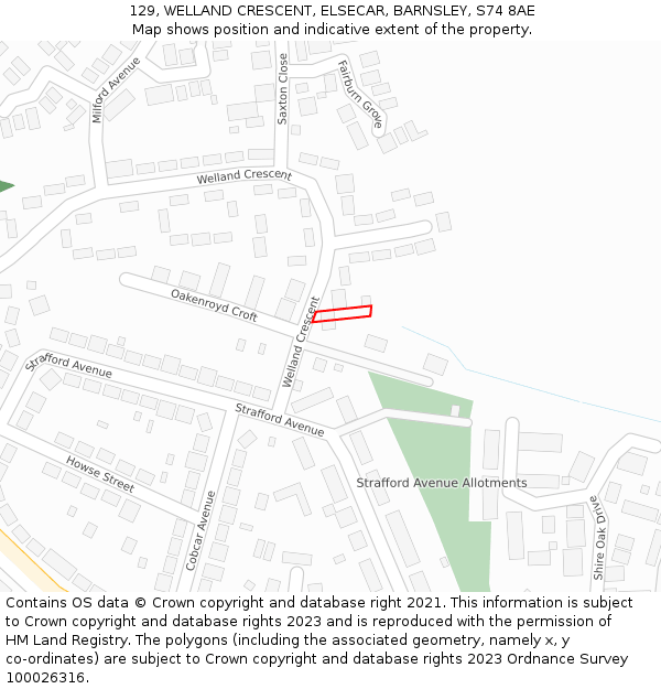 129, WELLAND CRESCENT, ELSECAR, BARNSLEY, S74 8AE: Location map and indicative extent of plot