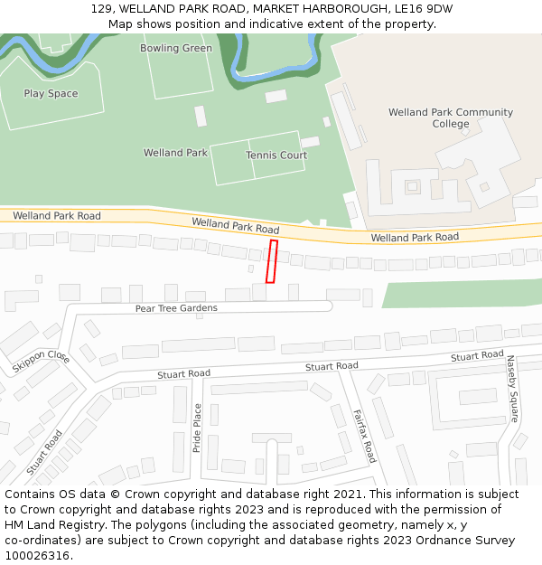 129, WELLAND PARK ROAD, MARKET HARBOROUGH, LE16 9DW: Location map and indicative extent of plot