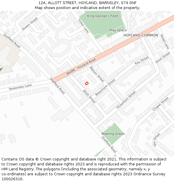 12A, ALLOTT STREET, HOYLAND, BARNSLEY, S74 0NF: Location map and indicative extent of plot