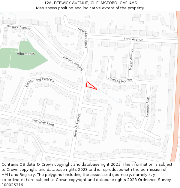12A, BERWICK AVENUE, CHELMSFORD, CM1 4AS: Location map and indicative extent of plot