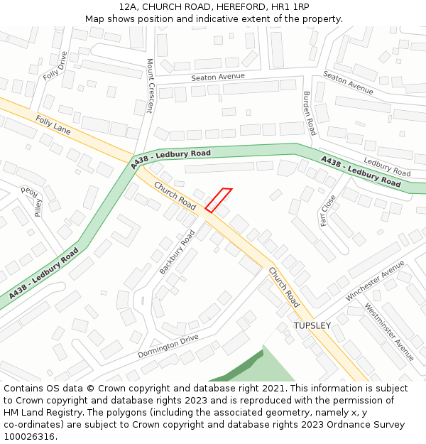 12A, CHURCH ROAD, HEREFORD, HR1 1RP: Location map and indicative extent of plot