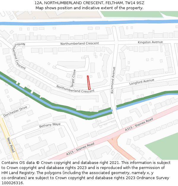 12A, NORTHUMBERLAND CRESCENT, FELTHAM, TW14 9SZ: Location map and indicative extent of plot