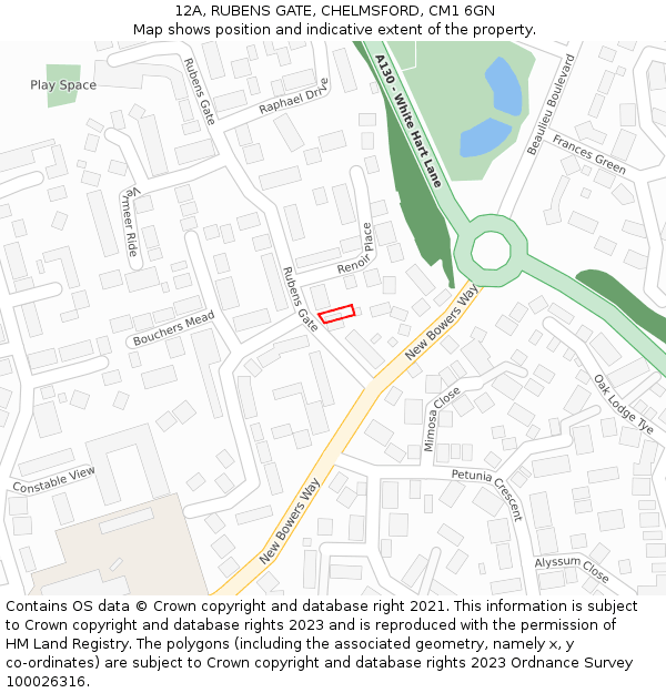 12A, RUBENS GATE, CHELMSFORD, CM1 6GN: Location map and indicative extent of plot