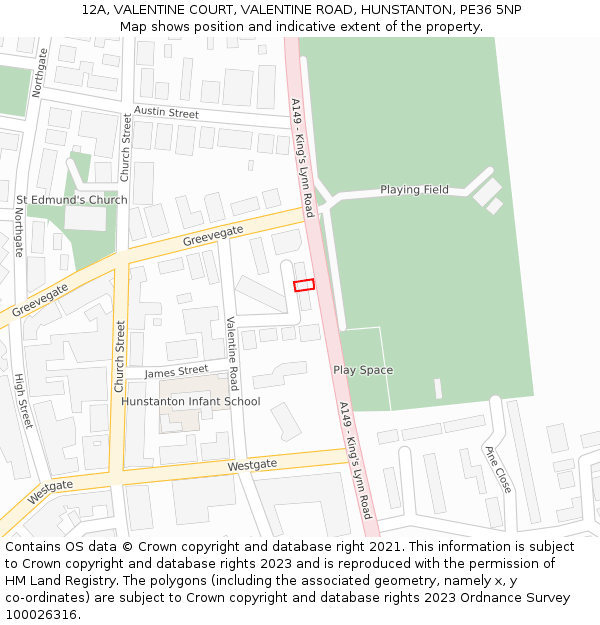 12A, VALENTINE COURT, VALENTINE ROAD, HUNSTANTON, PE36 5NP: Location map and indicative extent of plot