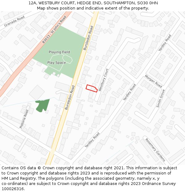 12A, WESTBURY COURT, HEDGE END, SOUTHAMPTON, SO30 0HN: Location map and indicative extent of plot