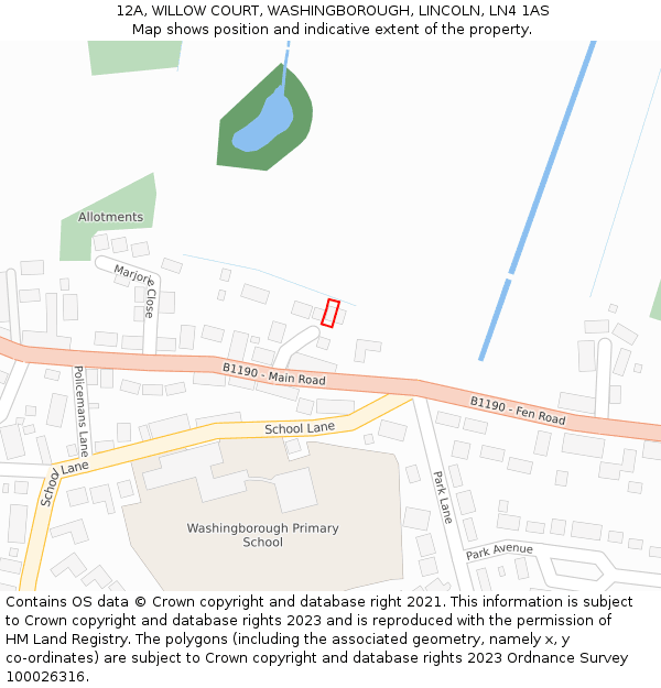 12A, WILLOW COURT, WASHINGBOROUGH, LINCOLN, LN4 1AS: Location map and indicative extent of plot