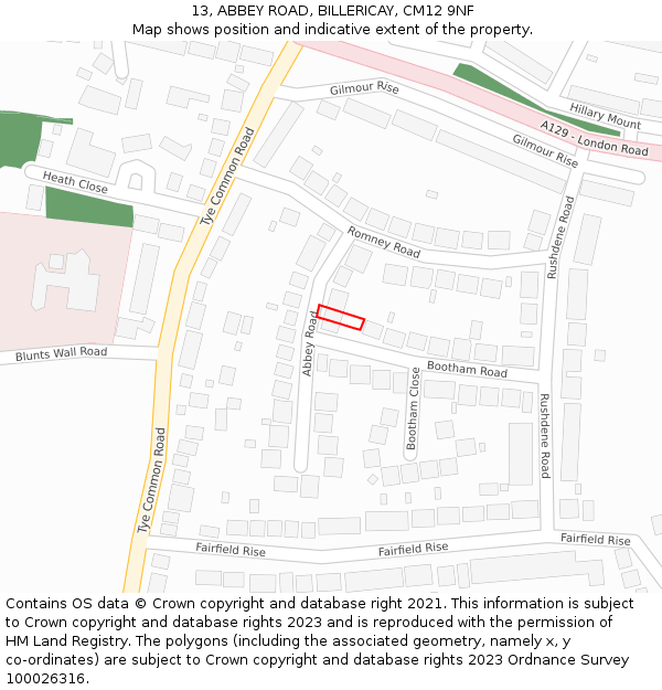 13, ABBEY ROAD, BILLERICAY, CM12 9NF: Location map and indicative extent of plot