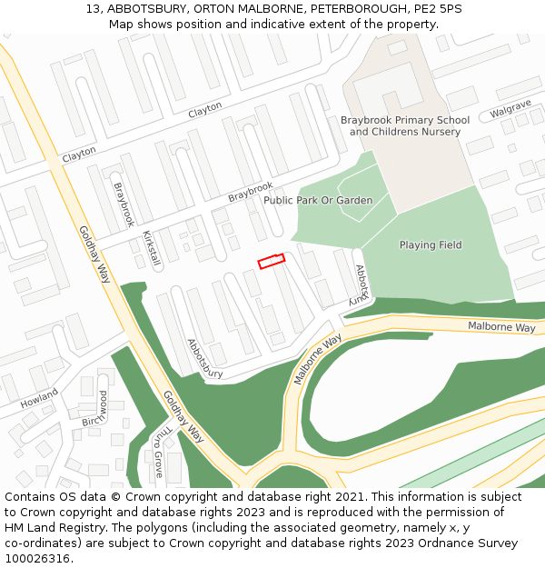 13, ABBOTSBURY, ORTON MALBORNE, PETERBOROUGH, PE2 5PS: Location map and indicative extent of plot