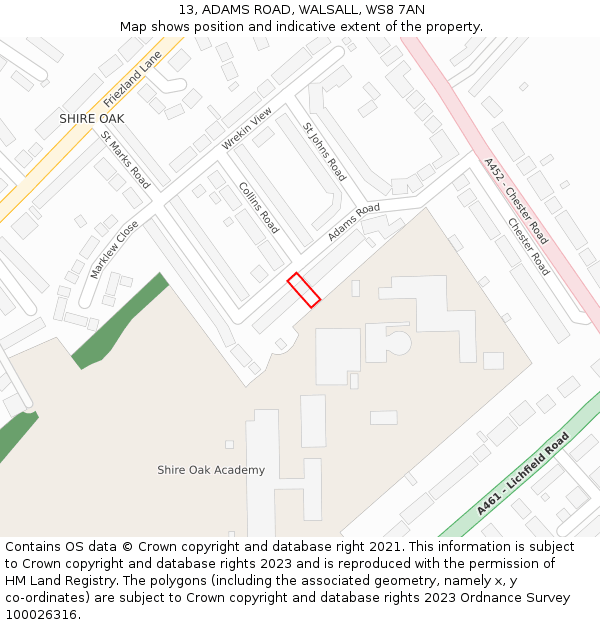 13, ADAMS ROAD, WALSALL, WS8 7AN: Location map and indicative extent of plot