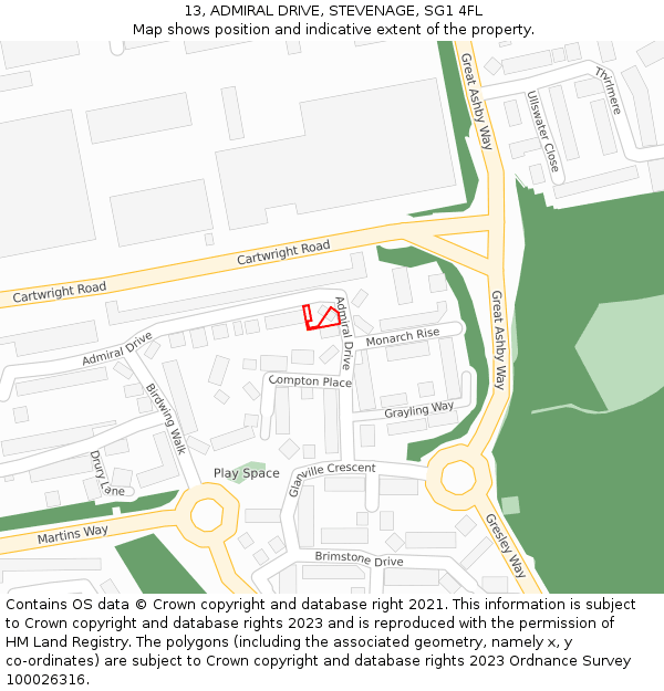 13, ADMIRAL DRIVE, STEVENAGE, SG1 4FL: Location map and indicative extent of plot