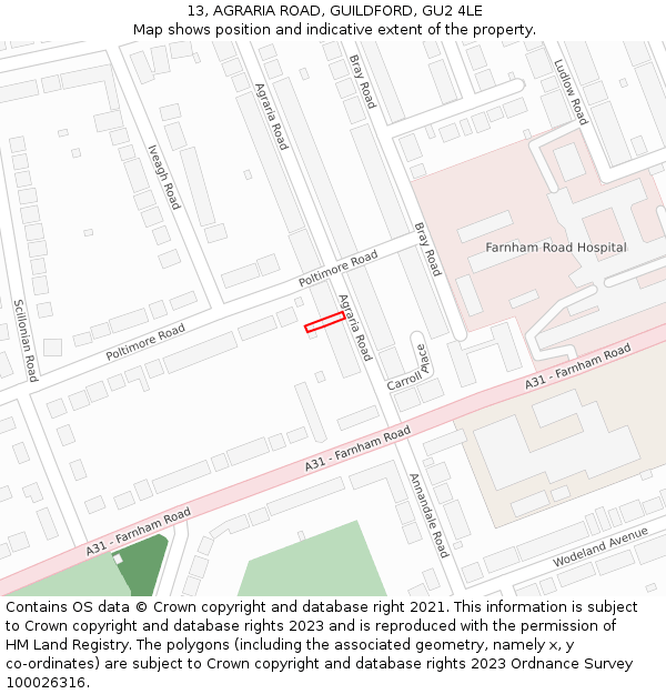 13, AGRARIA ROAD, GUILDFORD, GU2 4LE: Location map and indicative extent of plot