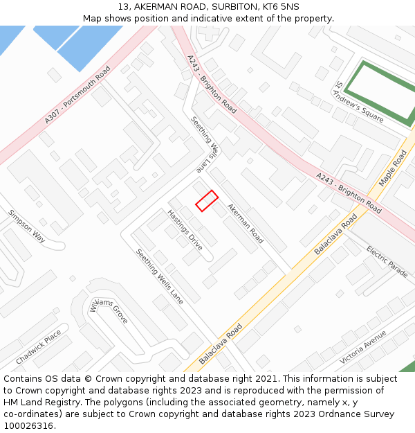 13, AKERMAN ROAD, SURBITON, KT6 5NS: Location map and indicative extent of plot