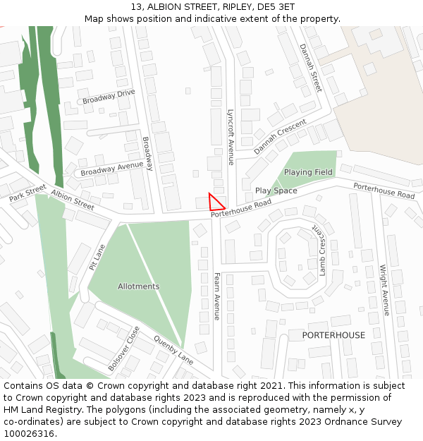 13, ALBION STREET, RIPLEY, DE5 3ET: Location map and indicative extent of plot