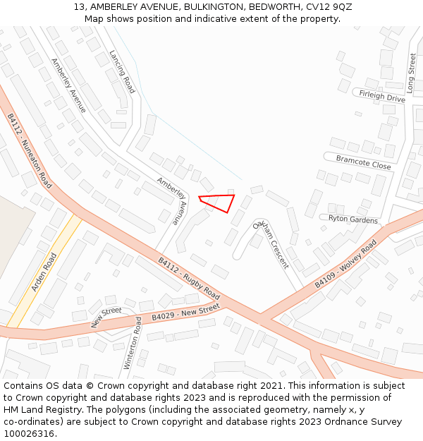 13, AMBERLEY AVENUE, BULKINGTON, BEDWORTH, CV12 9QZ: Location map and indicative extent of plot