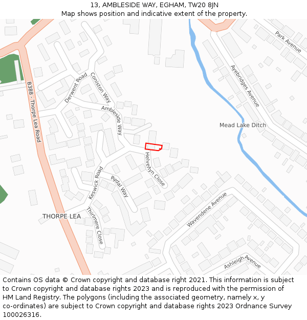 13, AMBLESIDE WAY, EGHAM, TW20 8JN: Location map and indicative extent of plot