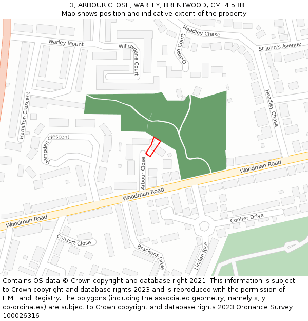 13, ARBOUR CLOSE, WARLEY, BRENTWOOD, CM14 5BB: Location map and indicative extent of plot