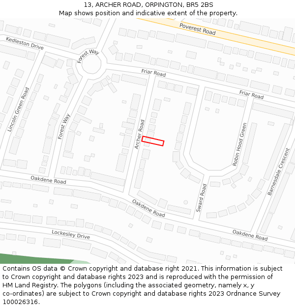 13, ARCHER ROAD, ORPINGTON, BR5 2BS: Location map and indicative extent of plot