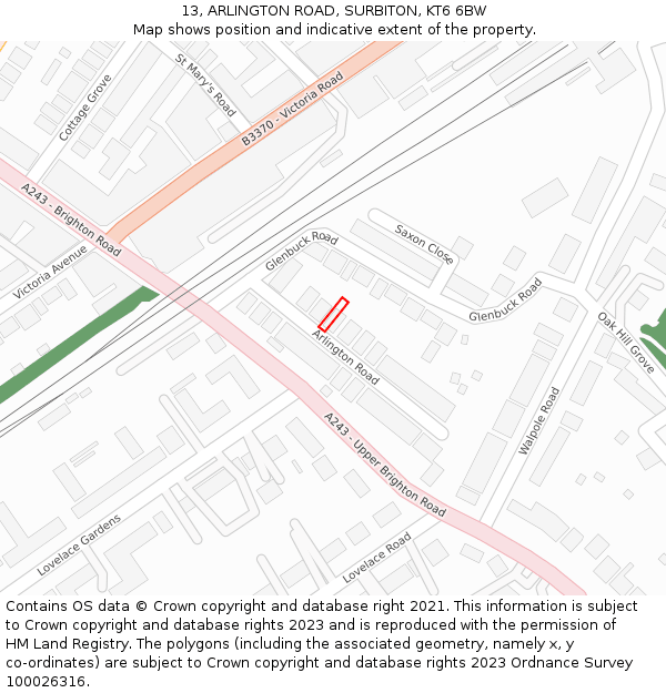 13, ARLINGTON ROAD, SURBITON, KT6 6BW: Location map and indicative extent of plot