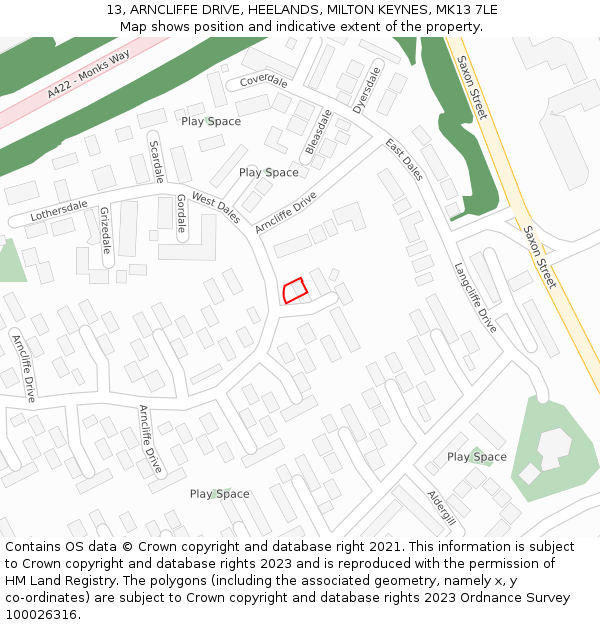 13, ARNCLIFFE DRIVE, HEELANDS, MILTON KEYNES, MK13 7LE: Location map and indicative extent of plot