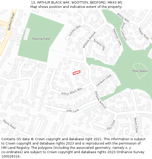 13, ARTHUR BLACK WAY, WOOTTON, BEDFORD, MK43 9FJ: Location map and indicative extent of plot
