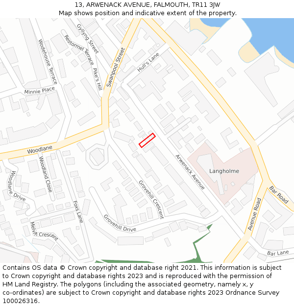 13, ARWENACK AVENUE, FALMOUTH, TR11 3JW: Location map and indicative extent of plot