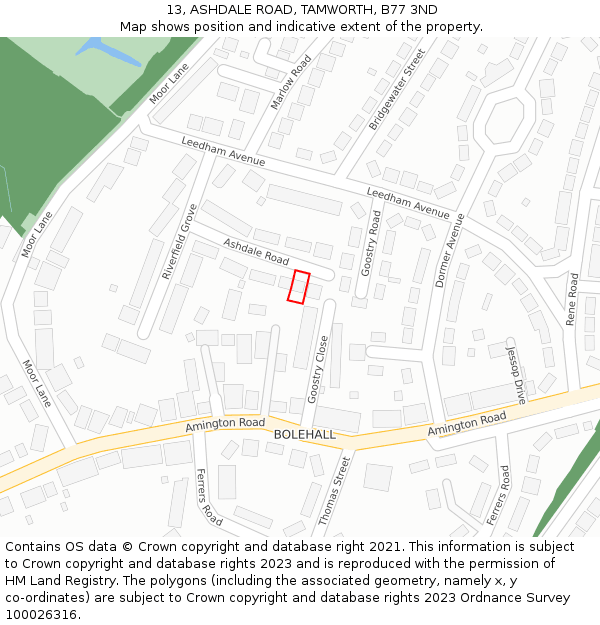 13, ASHDALE ROAD, TAMWORTH, B77 3ND: Location map and indicative extent of plot