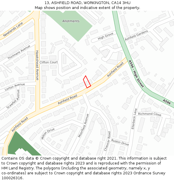 13, ASHFIELD ROAD, WORKINGTON, CA14 3HU: Location map and indicative extent of plot