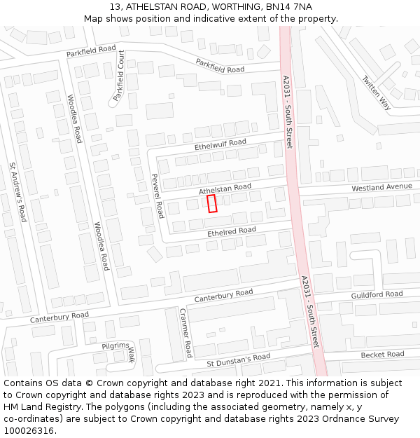 13, ATHELSTAN ROAD, WORTHING, BN14 7NA: Location map and indicative extent of plot