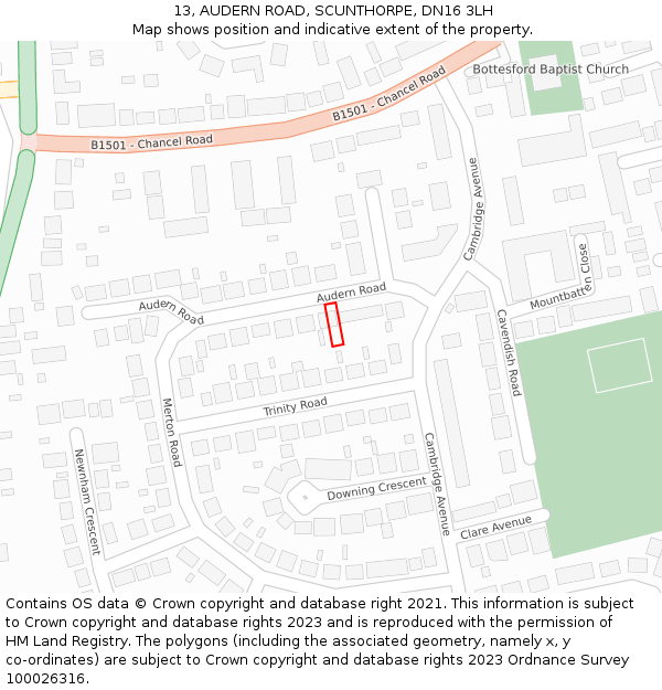 13, AUDERN ROAD, SCUNTHORPE, DN16 3LH: Location map and indicative extent of plot