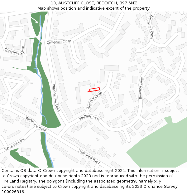 13, AUSTCLIFF CLOSE, REDDITCH, B97 5NZ: Location map and indicative extent of plot