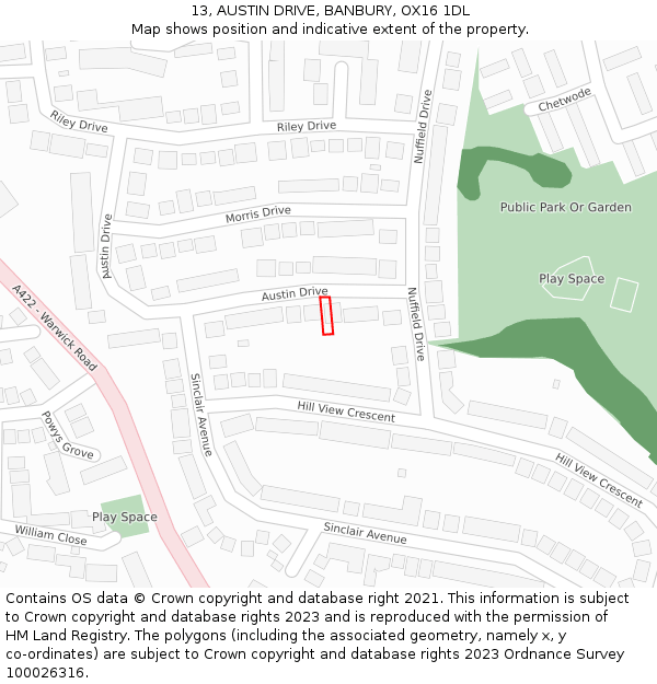 13, AUSTIN DRIVE, BANBURY, OX16 1DL: Location map and indicative extent of plot