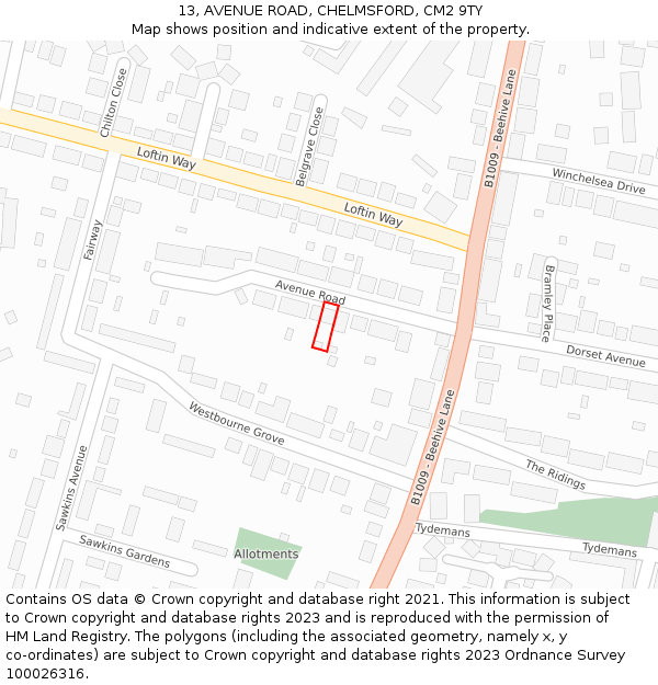 13, AVENUE ROAD, CHELMSFORD, CM2 9TY: Location map and indicative extent of plot