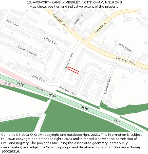 13, AWSWORTH LANE, KIMBERLEY, NOTTINGHAM, NG16 2HG: Location map and indicative extent of plot