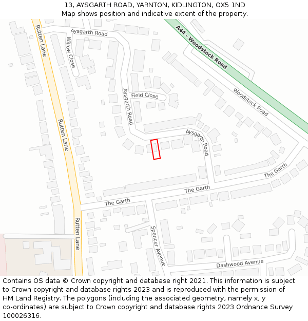 13, AYSGARTH ROAD, YARNTON, KIDLINGTON, OX5 1ND: Location map and indicative extent of plot