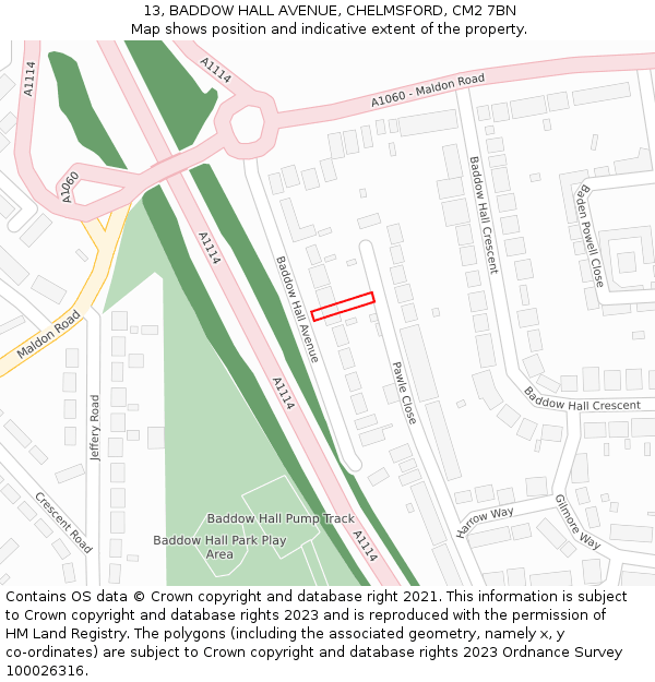13, BADDOW HALL AVENUE, CHELMSFORD, CM2 7BN: Location map and indicative extent of plot